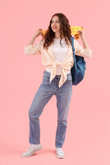 Sticker - Female student with skateboard on pink background