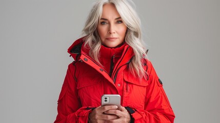 Sticker - A mature woman with long, silver hair wearing a bright red winter jacket, holding a smartphone. She has a confident expression and stands against a neutral gray background.