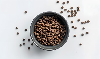 Dry dog food in a bowl on a white background. 