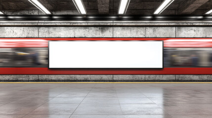 A train is passing by a large white billboard. The billboard is empty and the train is moving quickly