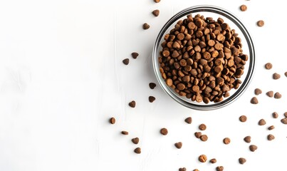 Dry dog food in a bowl on a white background. 