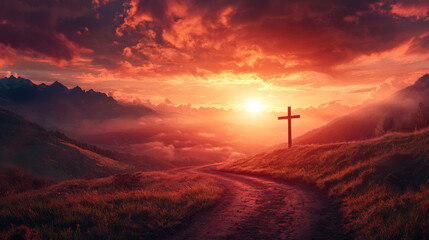 A cross is standing in a field with mountains in the background. The sky is orange and the sun is setting