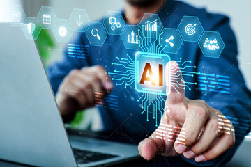 Hand touch AI Artificial Intelligence technology digital icon for business industry analysis learning and communication system or automation robotic programming and futuristic concepts.