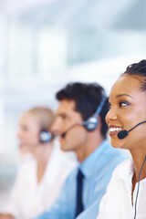 Poster - Business people, telemarketing and woman with call center, help desk and communication with headset. Group, employees or insurance agent with headphones, advice and customer service with tech support