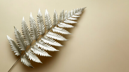 fern leaf with silver metallic highlights, positioned on a neutral background, creating a luxurious yet simple design with room for text