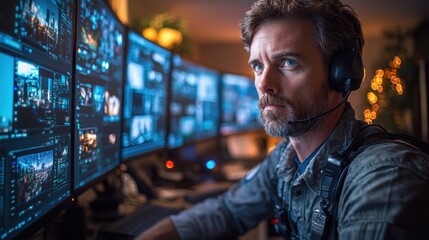 Focused cybersecurity specialist monitoring security systems on multiple screens in control room.