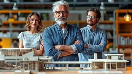 Wall Mural - A team of astute Caucasian architects and engineers measuring a house model together.