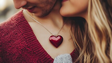 A young couple sharing a heart-shaped necklace, symbolizing the bond of young love