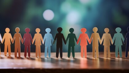 Wall Mural - group of people in a circle, people holding hands, team concept, group of people holding hands, team of people with a leader, A chain of colorful paper cut out humans holding hands on a table surface.