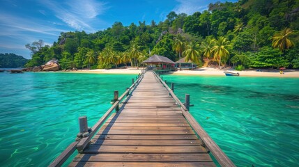 Wall Mural - Wooden Pier Leading to a Tropical Island Paradise