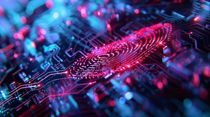 Wall Mural - futuristic voice recognition technology with digital fingerprint and ai circuits in neon lighting