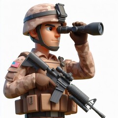 Wall Mural - A 4D cartoon soldier on patrol, looking vigilant