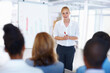 © STEEXBuyout/peopleimages.com - Business woman, presentation and whiteboard in office for workshop, seminar and company development. Project manager, strategy and planning in workplace for corporate training, event and coaching