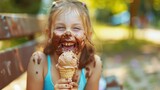 Ice Cream Giggles: A little girl, sitting on a park bench with chocolate all over her face and hands, laughs and enjoys her ice cream, relishing the sweet moment.
