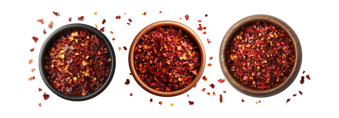 Crushed red pepper flakes set isolated on transparent background, spicy crushed red peppers for cooking and seasoning