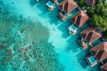 A beautiful blue ocean with a few small houses on the shore. The houses are brown and have a unique design. The water is calm and the sky is clear