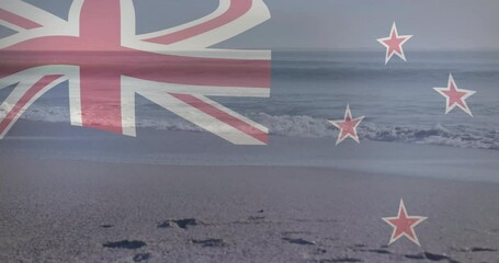 Wall Mural - New Zealand flag animation over beach waves and footprints in sand