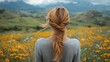 © kura - Back View of a Woman with Long Flowing Hair in a Scenic Meadow