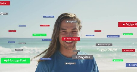 Wall Mural - Smiling person at beach with social media notifications animation appearing