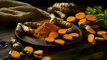 Turmeric roots and slices with turmeric powder on a dark wooden surface, highlighted by warm, moody lighting