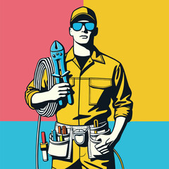 Electrician is holding wire cutter and wearing a tool belt. Vector illustration.