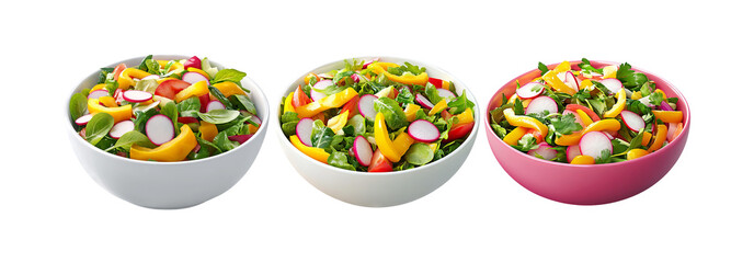 Wall Mural - Salad bowls set isolated on transparent background, fresh salad in bowls for food and dining