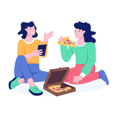 Wall Mural - Friends eating and enjoying pizza party, flat illustration 