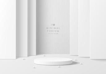 Poster - 3D round podium background in white color with layers square backdrop. Abstract composition minimalist design. Studio display showroom cosmetic product pedestal, Fashion stage showcase mockup scene.