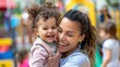 © Best - Playful Moment: Young mother, full of happiness, plays with her toddler on a vibrant playground. They’re enveloped by the lively chatter and laughter of other children.