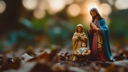 Serene Christmas Nativity Scene with Figurines of Mary Joseph and Baby Jesus in the Manger Celebrating the Miraculous Birth of the Divine Savior