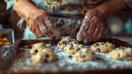 Kitchen Comfort: Wearing a floral apron, an old woman bakes cookies, her hands dusted with flour. She places dough on a baking sheet, filling the kitchen with vanilla and chocolate scents.
