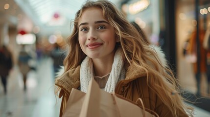 Mall Shopping: Teenage girl, dressed in trendy clothes, carries multiple shopping bags as she navigates the bustling mall. The lively energy of the space surrounds her.
