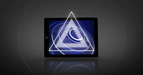 Wall Mural - Tablet with circular interface animation over glowing ring on dark background