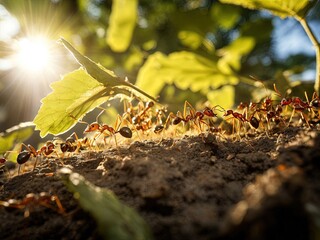 Wall Mural - A line of red ants carrying a leaf on a tree trunk under the sunlight.