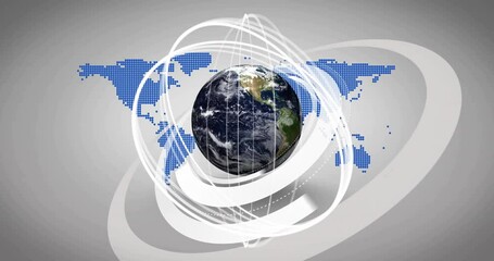 Wall Mural - rotating earth with orbiting lines animation over world map background