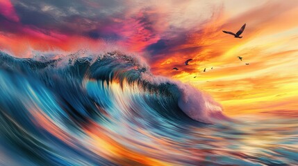 Vibrant ocean wave crashing with dynamic motion blur, colorful sunset sky in vivid reds, oranges, and blues, with birds in flight