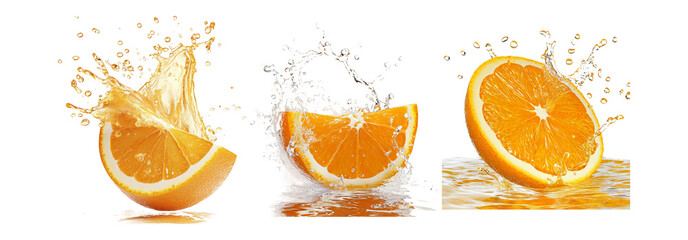 Orange splash set isolated on transparent background, fresh orange slices with water splash for food and drinks