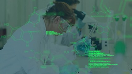 Sticker - Processing data and chemical formulas animation over scientists working in laboratory