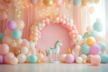 Wall Mural - A colorful room with a unicorn and a bunch of balloons