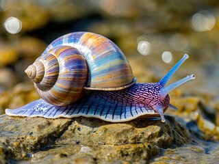 A vibrant snail with a colorful shell and a purple body crawls on a rocky surface.