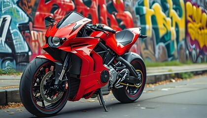 A red motorcycle is parked on the street next to the graffiti wall, and the surrounding environment is full of personality.