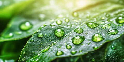 Wall Mural - close-up of water droplets on a leaf and blurry dewdrop reflections