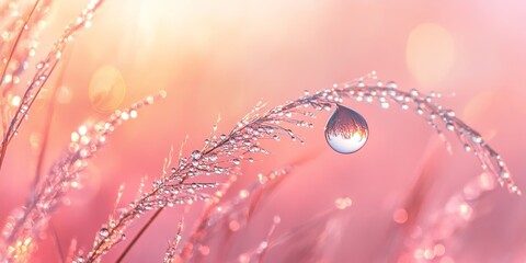 Poster - Delicate dewdrop suspended on a single blade of grass, mirroring the serene hues of dawn's soft pink and gold sunrise in precise detail.