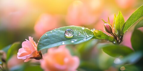 Wall Mural - a single dewdrop rests on a green leaf, surrounded by vibrant blossoms in soft focus, capturing the 
