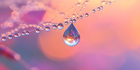 Canvas Print - A photorealistic image of a single dewdrop clinging to a spiderweb, reflecting the colorful sunrise, highlighting the beauty and fragility of the natural world. 