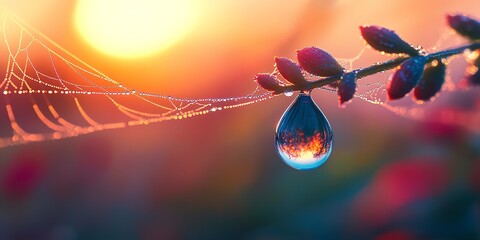 Poster - A photorealistic image of a single dewdrop clinging to a spiderweb, reflecting the colorful sunrise, highlighting the beauty and fragility of the natural world. 