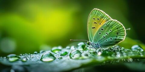 Wall Mural - butterfly on dewdrop. a green butterfly rests on a dewdrop on a green leaf.