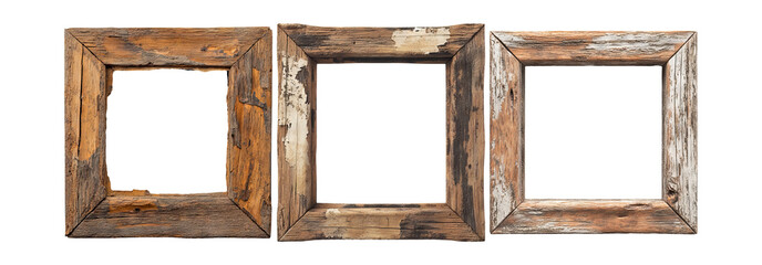 Rustic wooden frames set isolated on transparent background, weathered wooden frames for decoration and design