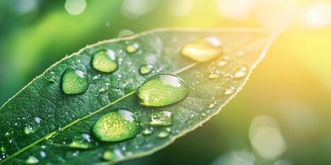 Wall Mural - close-up of water droplets on a leaf and blurry dewdrop reflections