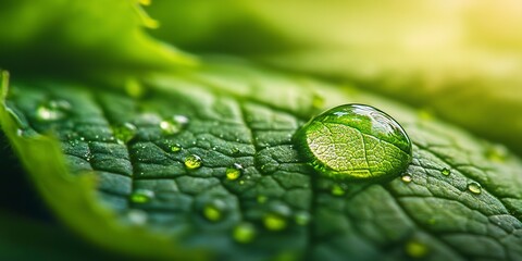 Wall Mural - high-resolution macro close-up of a dewdrop on a leaf, showcasing crystal clear details and providin